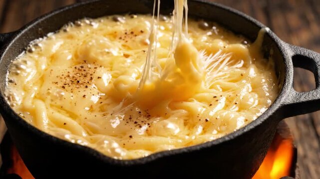 Swiss Cheese Fondue Melting Bubbling Macro