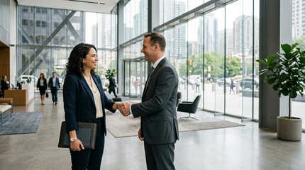 Fototapeta premium Professional business people shaking hands, celebrating partnership in modern office lobby