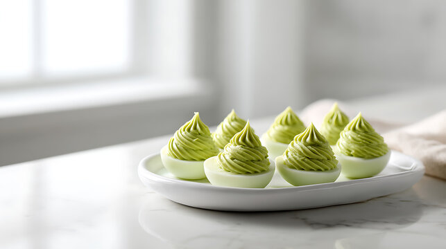 Elegant plate of seven vibrant green deviled egg halves, perfectly arranged on a white marble surface with soft natural light for a fresh, appealing snack