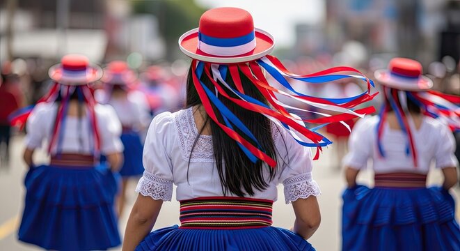 Panamanian folklore dancers in traditional montuno attire performing at a festival