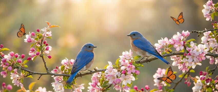 Two blue birds perched on blooming cherry blossom branches with butterflies in warm golden sunlight creating peaceful spring garden scene.
