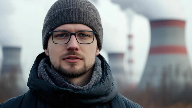 A man with a beard and eyeglasses, wearing a warm winter coat, stands in front of a nuclear power plant with smoke stacks