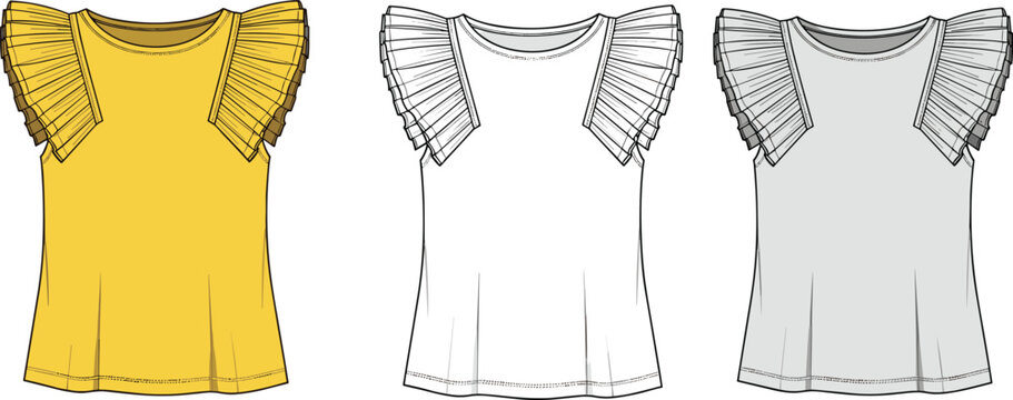 Vector sketches of women's wrap dresses with ruffles and tie waist in various styles.