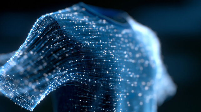 Futuristic sports jersey formed by dynamic glowing particles, particle trail forming garment concept, digital fashion art, tech and sport fusion, dark background, with copy space