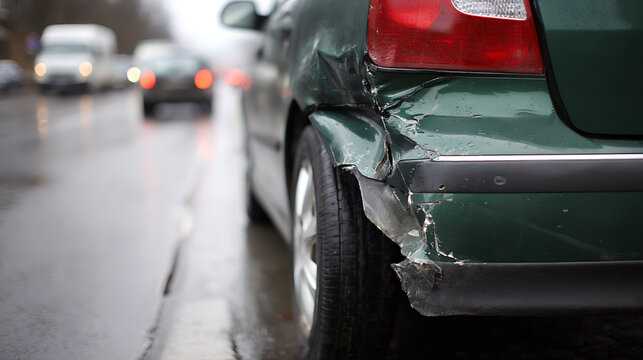 A damaged green car parked on a wet street after an automotive incident, showcasing the rear bumper and fender dent with blurry background traffic