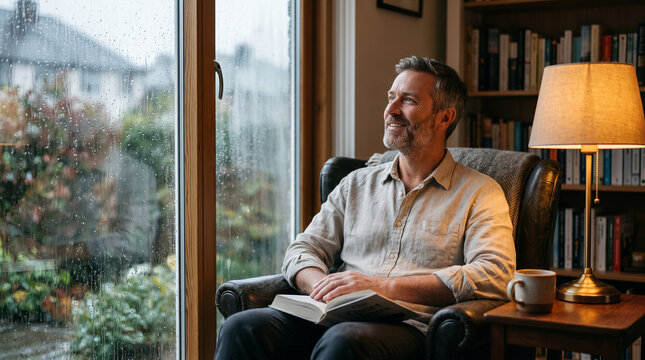 Middle aged man sitting in armchair with book looking at rain outside window