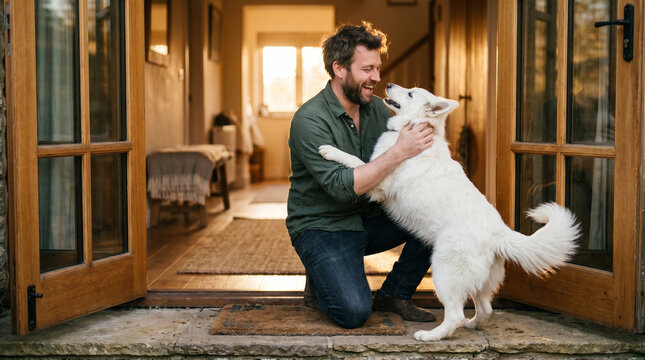 Happy man hugging excited white dog at open wooden doorway entrance