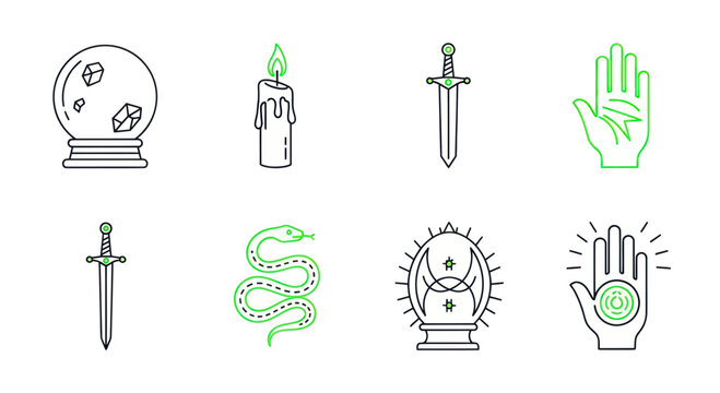 Mystical Symbols: Crystal Ball, Sword, Candle, Snake, Palmistry Icons