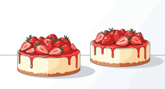 Two Delicious Strawberry Cheesecakes with Red Glaze and Fresh Berries