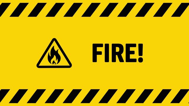 Fire alert symbol flashing on yellow screen with black stripes. Flame danger warning icon on display. Loopable and seamless abstract concept background.