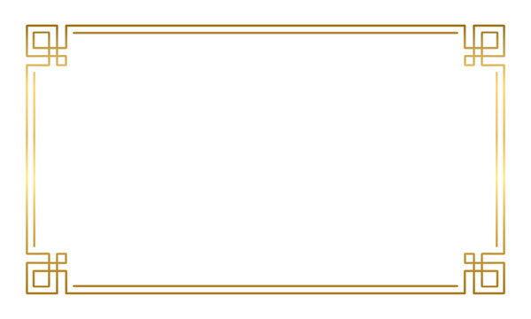 Gold photo frame. Golden glowing geometric boarder and rectangle vintage decorative element for wedding invitations. Vector illustration isolated on transparent background