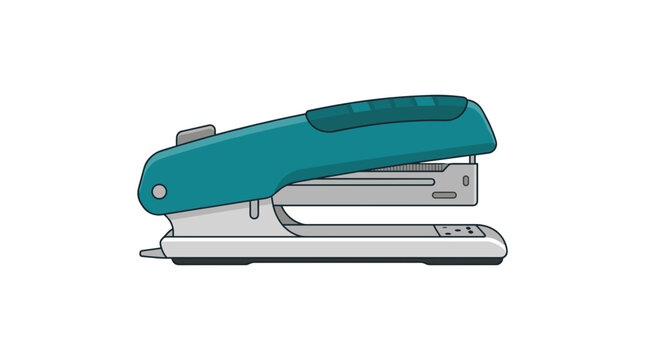 Modern teal and gray office stapler isolated on a white background, a common stationery tool for binding papers together