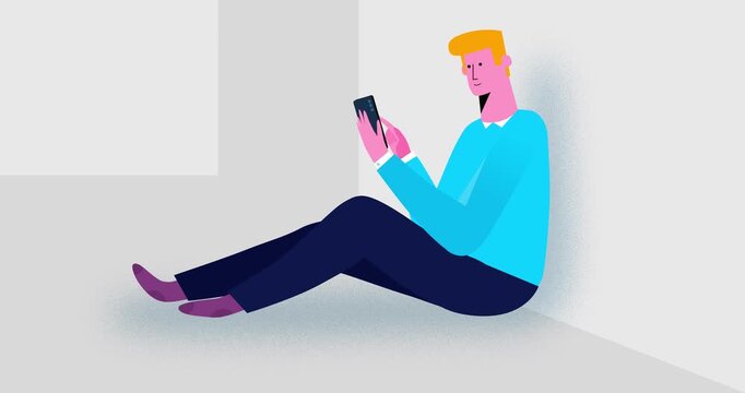 Man sitting with phone isolated. Cartoon animation of happy businessman character female with noisy shadow smiling finger palm scroll gsm screen. Business explainer flat design people serie video.