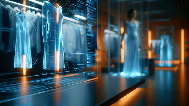 Futuristic luxury fashion boutique featuring holographic clothing displays on rails and an interactive digital shopping interface, high-end retail innovation concept, digital