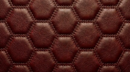 Naklejka premium Luxurious brown leather upholstery with hexagonal quilted pattern and decorative stitching for premium furniture and automotive interior design projects.