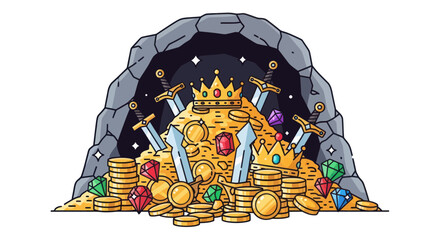 Treasure Cave with Gold Coins, Jewels, Crowns and Swords © fufu