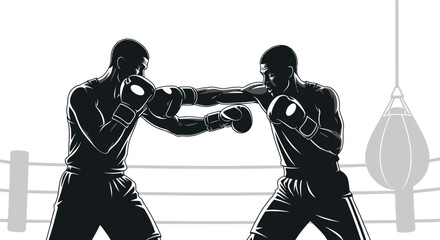 Two boxers fighting in a ring, one punching the other in silhouette style. © fufu