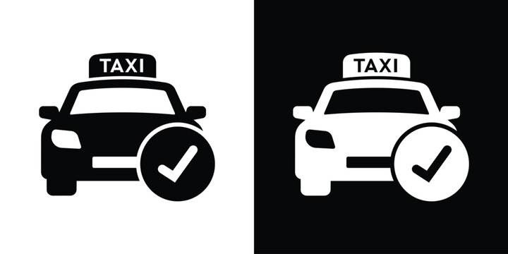 Taxi with checkmark symbol icon. Vector illustration representing a confirmed ride, available cab, or successful booking in black and white minimalist style.