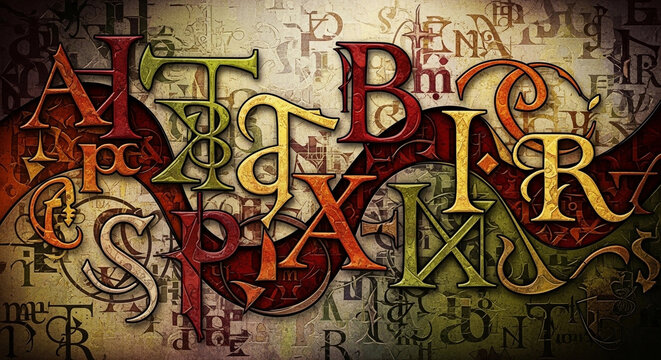 Vintage alphabet letters with ornate medieval calligraphy and faded parchment texture, symbolizing ancient knowledge and handwritten script artistry