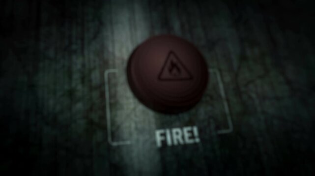 Fire alert symbol light flashing on metal panel macro view. Flame danger warning lamp sign on industrial dashboard abstract icon technology concept.