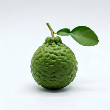Vibrant green kaffir lime fruit with fresh leaves isolated on white background.