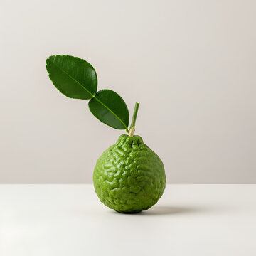 Vibrant green kaffir lime with fresh leaves on white surface.