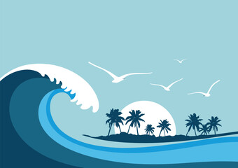 Tropical Island Scene with Large Wave and Seagulls © Nishan