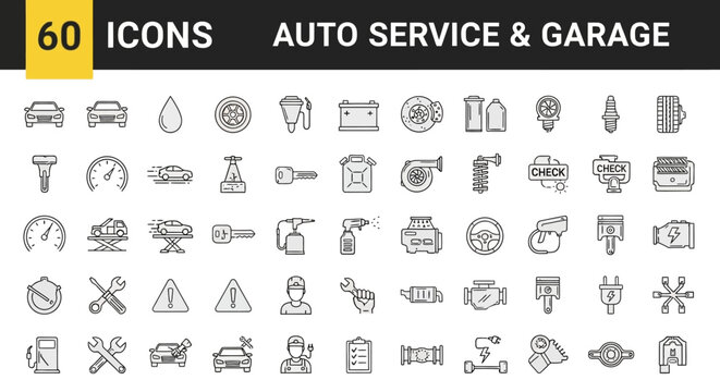 Extensive collection of modern line icons for auto service and garage repair, illustrating vehicle maintenance, parts, and diagnostic concepts in a clean, professional style