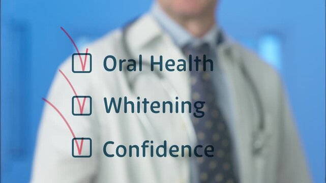 Professional dentist wearing a white coat checking off boxes for oral health, teeth whitening, and confidence on a digital checklist, representing dental care, hygiene, and aesthetic services
