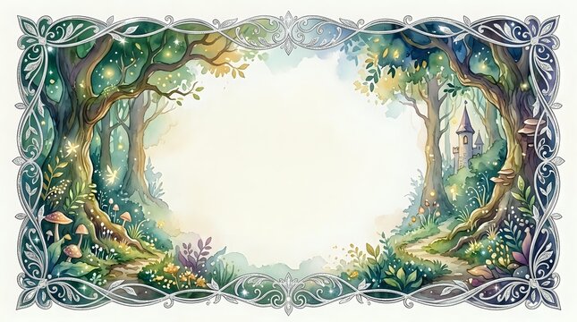 Enchanted forest frame with mystical vines, leaves and magical elements creating ornate border on white background for fantasy designs and storytelling.