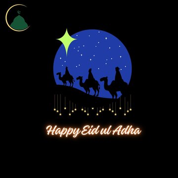 Illustration of Eid ul Adha Eid Card showing a caravan at night with an eid greeting in English