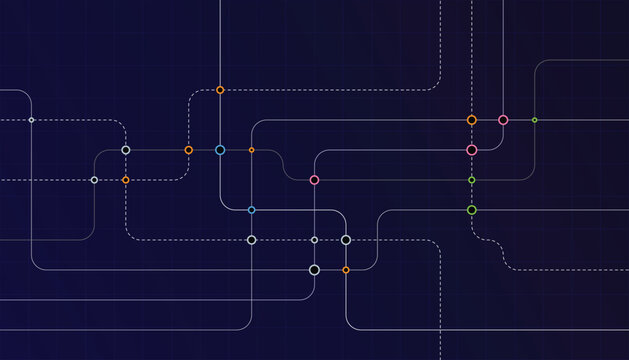 Abstract network diagram with colorful nodes and lines on a dark blue background