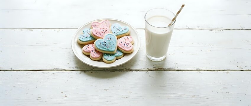 Colorful decorated sugar cookies with pastel icing on white plate next to glass of milk on rustic wooden table for sweet treats and baking concepts.