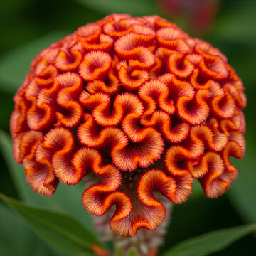 Vibrant orange cockscomb flower head with unique textured patterns in full bloom.