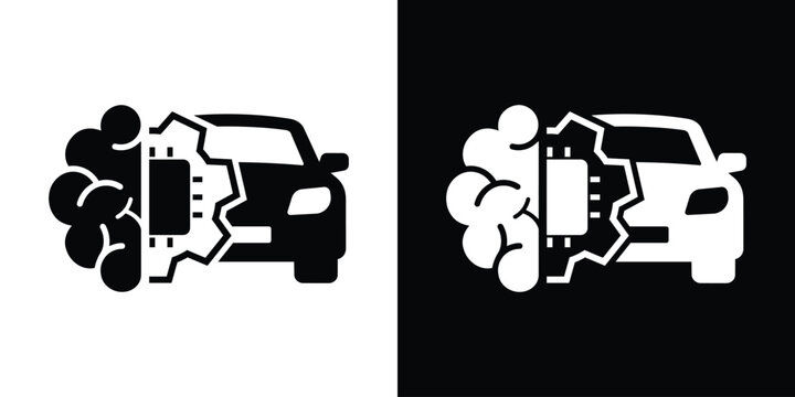 Smart car vector icon combined with a human brain and gear mechanism. Represents artificial intelligence, deep learning technology, and cognitive autonomous driving.