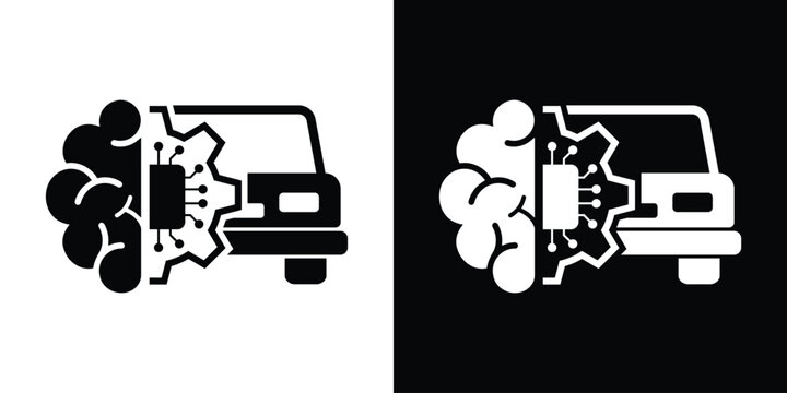 Smart car vector icon combined with a human brain and gear mechanism. Represents artificial intelligence, deep learning technology, and cognitive autonomous driving.