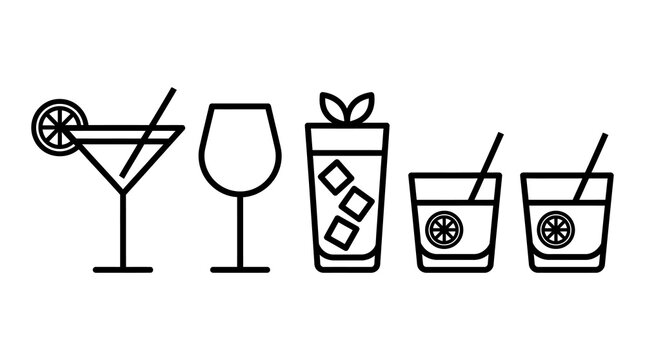 Bold vector line icons of different cocktail and beverage glasses with cocktail