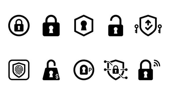 Set of security and lock icons with shields and fingerprint security password
