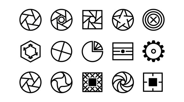 Abstract geometric and circular icons gears pie charts apertures with pie chart