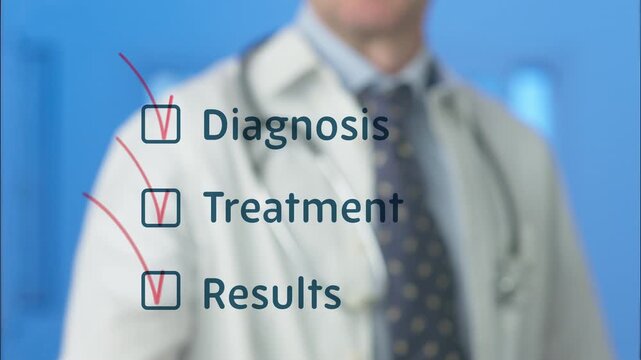 Doctor in a lab coat using a red marker to check off a list with diagnosis, treatment, and results on a transparent screen, completing the medical process and achieving the final outcome