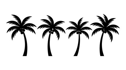 Obraz premium Four black silhouette palm trees with coconuts, tropical vacation design element