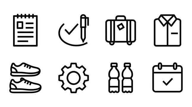 Diverse set of black outline icons representing everyday objects travel work