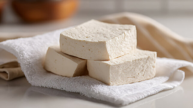 Freshly Prepared Food Blocks on a White Towel, Highlight Culinary Ingredients, Healthy Living, and Protein-Rich Diet Choices in a Kitchen Setting