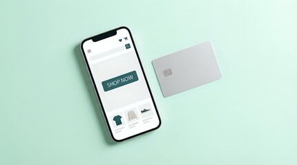 Fototapeta premium Smartphone displaying online shopping app with shop now button beside a credit card on mint green background for e-commerce concepts.