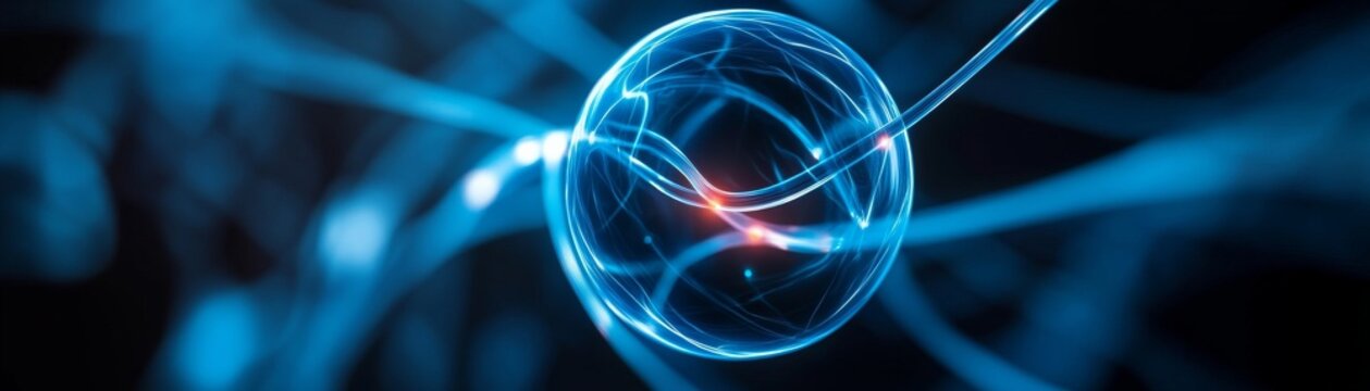 Central blue plasma orb with glowing filaments and red energy core, depicting neural impulses and futuristic tech. Dynamic, abstract, quantum, AI., brain, technology