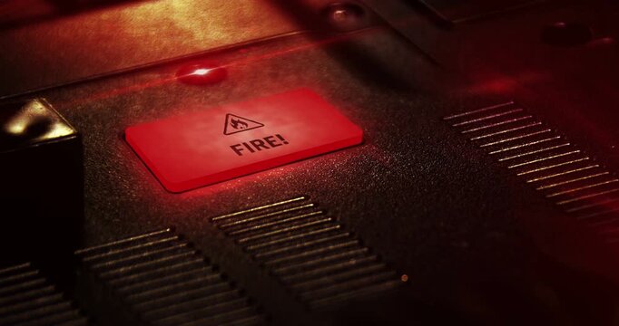 Fire alert symbol light flashing on metal panel macro view. Flame danger warning lamp sign on industrial dashboard loop. Loopable and seamless abstract icon technology concept.