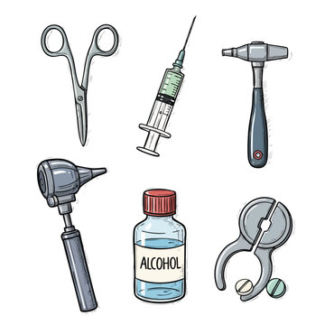 Collection of medical instruments including scissors, syringe, otoscope, alcohol bottle, and forceps for healthcare and medical procedures