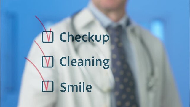 Professional dentist with a stethoscope checking boxes on a futuristic digital interface for a dental checkup, teeth cleaning, and a healthy smile, symbolizing modern oral healthcare and hygiene