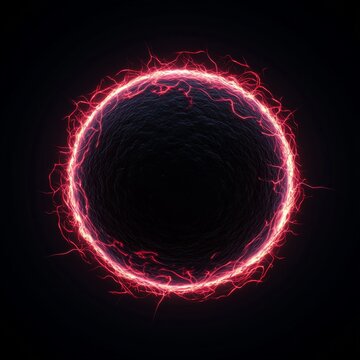 Centrally composed dark, textured sphere, encircled by vivid red glowing plasma tendrils radiating intense energy; an abstract sci-fi power core concept. Cosmic, Bio-energy