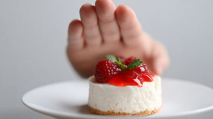 Fototapeta premium Conceptual image of a hand rejecting a sweet dessert, symbolizing diet, control, temptation, healthy eating choices, and self-restraint